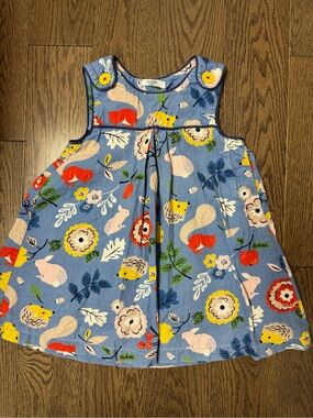 Baby Boden Blue Floral & Woodland Animal Dress with Yellow Buttons